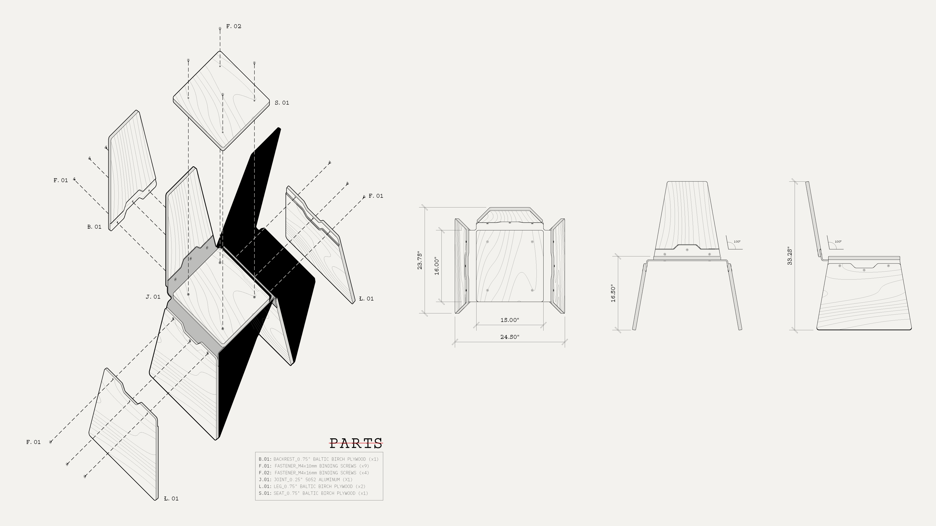 100_D_CHAIR exploded axonometric, parts list, plan and elevations